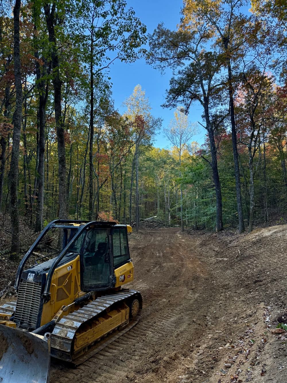 Caterpillar bulldozer on a forested hillside, with autumn foliage and blue sky.