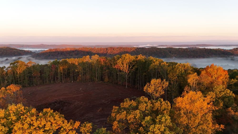 Aerial view of autumn landscape showing golden trees and misty valleys at sunrise.